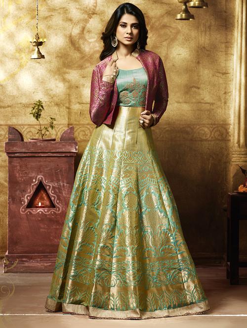 green silk anarkali suits semistitched suit - 14492953 - Very Small Image - 1