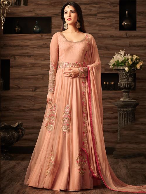 peach flared semi-stitched suit - 14492963 - Very Small Image - 1