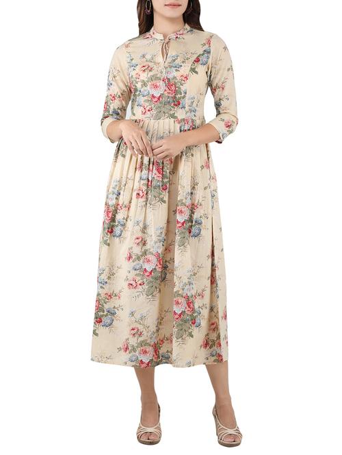 beige cotton fusion kurta - 14493003 - Standard Image - 1