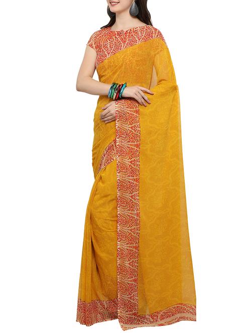 contrast printed border saree with blouse - 14494199 - Standard Image - 1