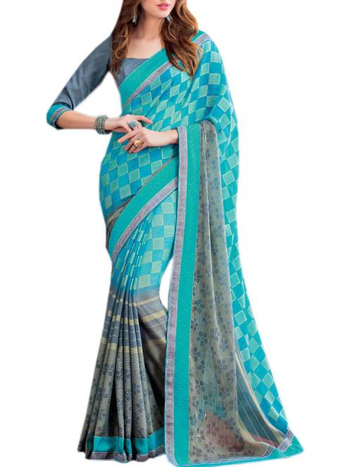 blue georgette printed saree with blouse - 14494264 - Very Small Image - 1