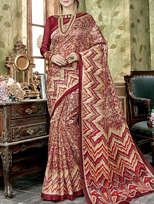 maroon printed saree with blouse - 14494270 - Very Small Image - 1