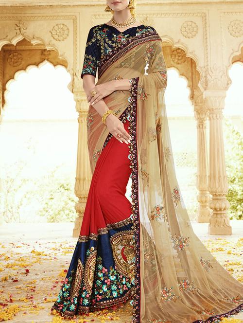 beige velvet half and half saree with blouse - 14494518 - Very Small Image - 1