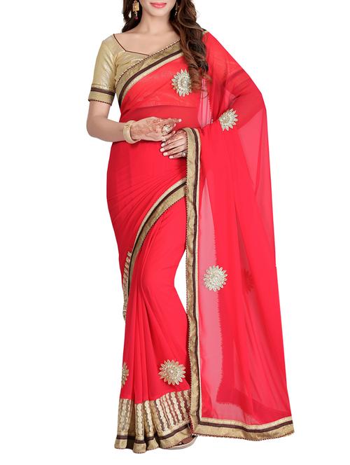 coral red embroidered saree with blouse - 14494571 - Very Small Image - 1