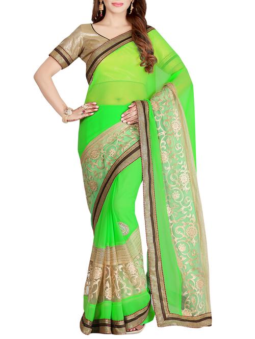 green poly georgette embroidered saree with blouse - 14494578 - Very Small Image - 1