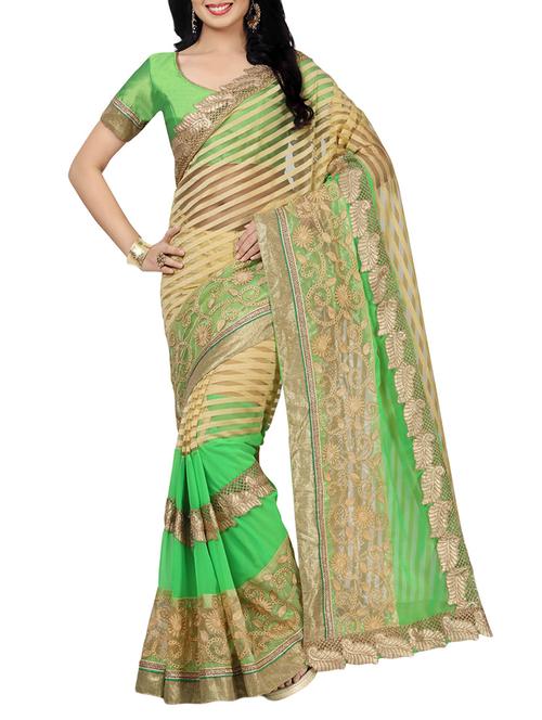 beige poly georgette embroidered saree with blouse - 14494589 - Very Small Image - 1