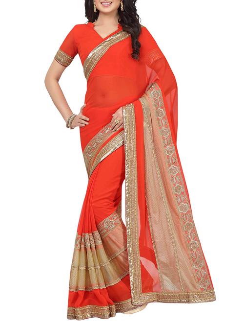 orange poly georgette embroidered saree with blouse - 14494592 - Very Small Image - 1