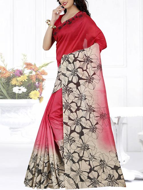red silk blend printed saree with blouse - 14494608 - Very Small Image - 1