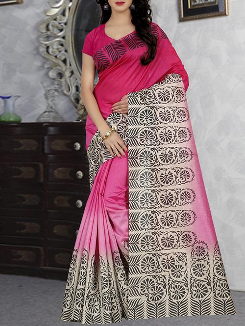 pink silk blend printed saree with blouse - 14494610 - Very Small Image - 1