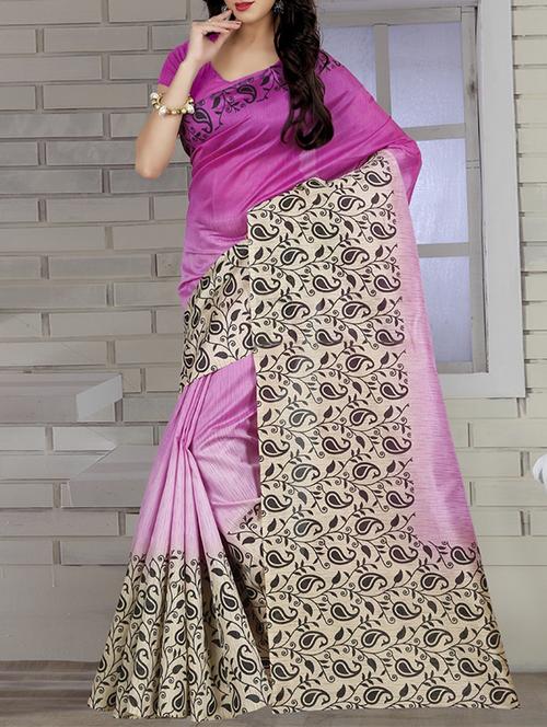 pink silk blend printed saree with blouse - 14494613 - Very Small Image - 1