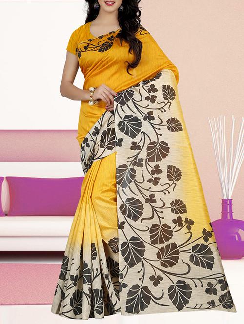 yellow silk blend printed saree with blouse - 14494615 - Very Small Image - 1
