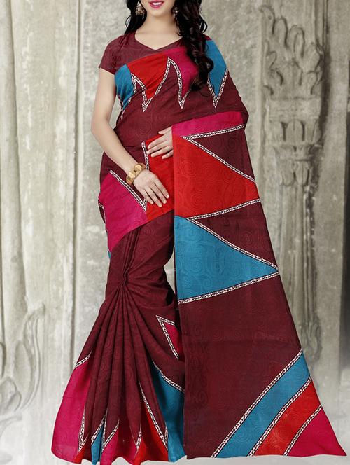 Maroon printed saree with blouse - 14494670 - Very Small Image - 1