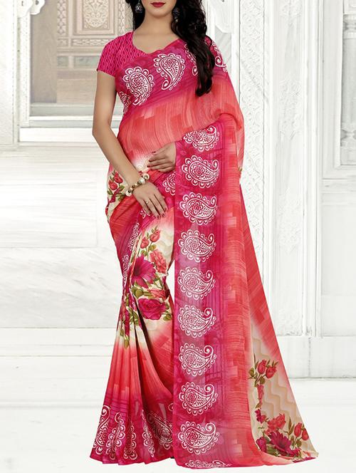 Pink faux georgette Printed saree with blouse - 14494724 - Very Small Image - 1