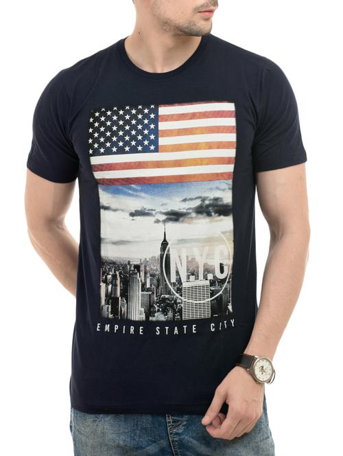 navy blue cotton front print t-shirt - 14494984 - Very Small Image - 1