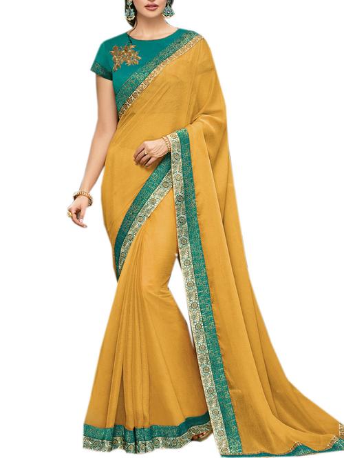 mustard georgette bordered saree with blouse - 14495041 - Very Small Image - 1