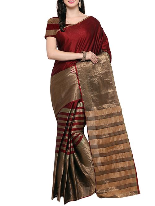 maroon silk blend woven saree with blouse - 14495168 - Very Small Image - 1