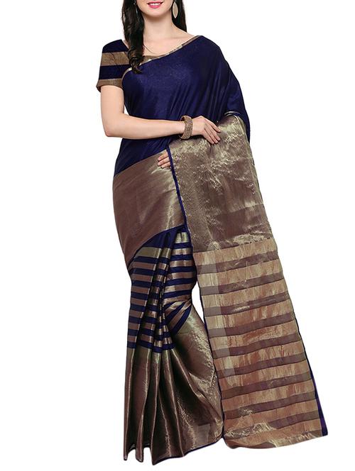 blue silk blend plain saree with blouse - 14495172 - Very Small Image - 1