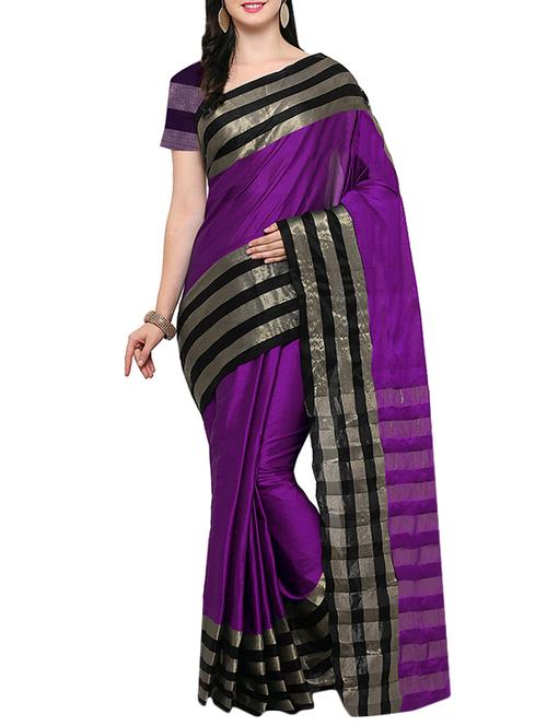 purple silk blend plain saree with blouse - 14495175 - Very Small Image - 1