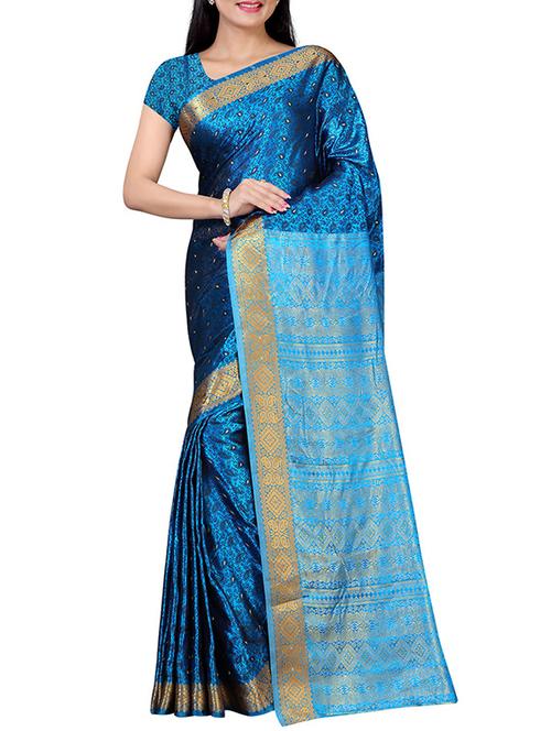 blue silk blend woven saree with blouse - 14495221 - Very Small Image - 1