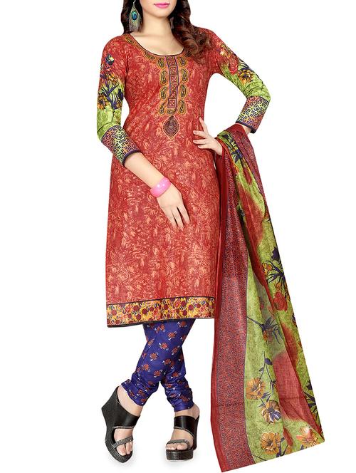 red cotton un-stitched dress material - 14495279 - Very Small Image - 1