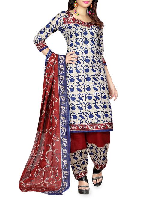 white & blue cotton un-stitched dress material - 14495287 - Very Small Image - 1