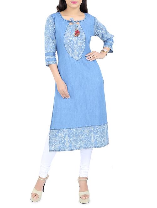 sky blue denim straight kurta - 14495382 - Very Small Image - 1
