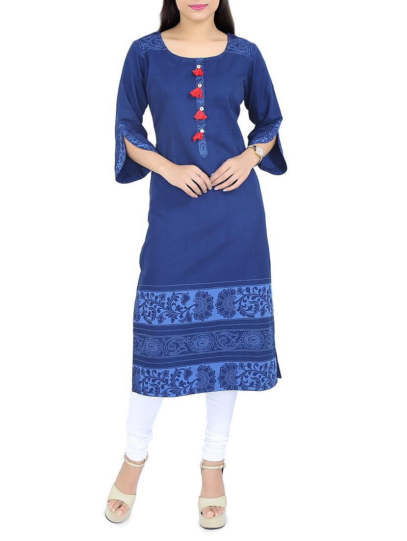 blue denim straight kurta - 14495386 - Zoom Image - 1