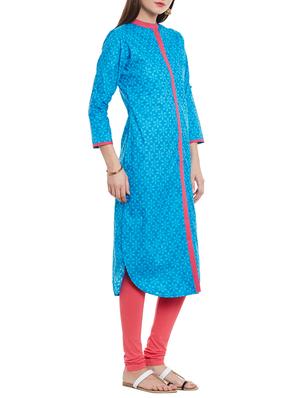 blue cotton straight kurta - 14495447 - Standard Image - 2
