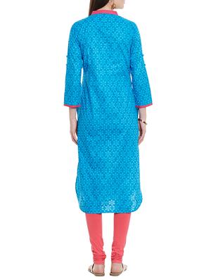 blue cotton straight kurta - 14495447 - Standard Image - 3