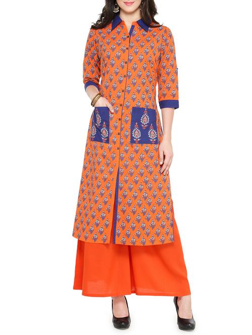 orange cotton straight kurta - 14495455 - Standard Image - 1