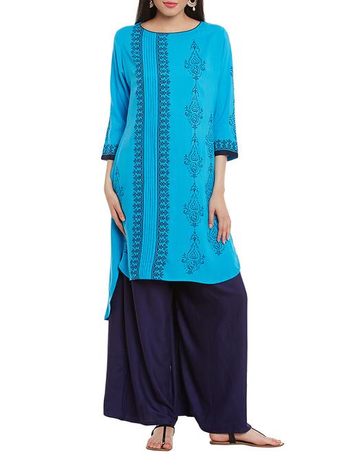 Sky blue rayon high low kurta - 14495469 - Standard Image - 1