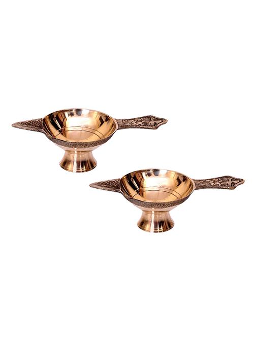 Set of 2 Handmade Indian Laxmi Deep Diya Puja Brass Oil Lamp - 14495595 - Very Small Image - 1