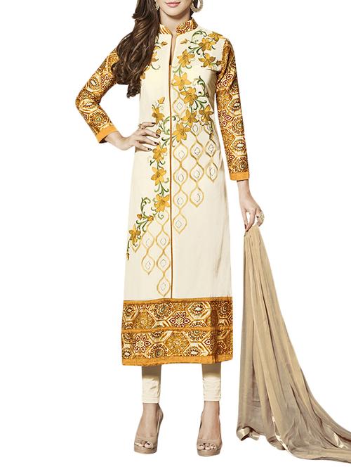 cream semi-stitched straight pant suit - 14495660 - Standard Image - 1