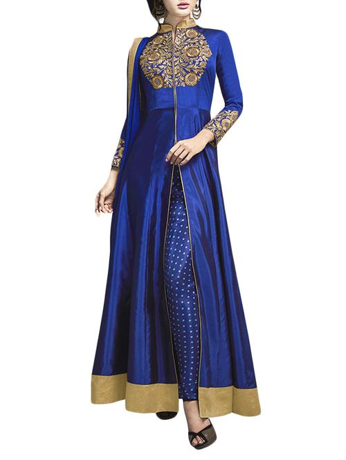 blue embroidered semi-stitched anarkali suit - 14495665 - Very Small Image - 1