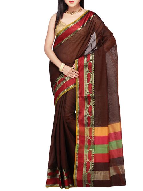 brown bordered saree with blouse - 14495903 - Very Small Image - 1
