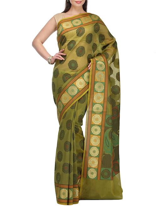 mehandi cotton blend woven saree with blouse - 14495912 - Very Small Image - 1