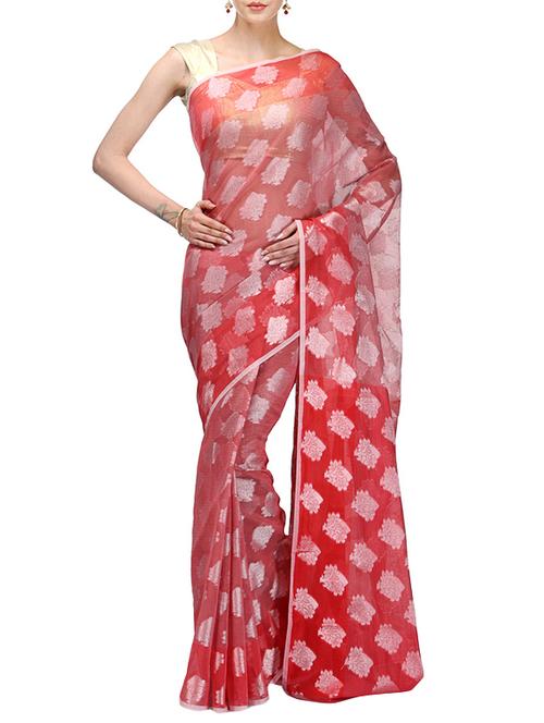 red cotton blend woven saree with blouse - 14495915 - Very Small Image - 1