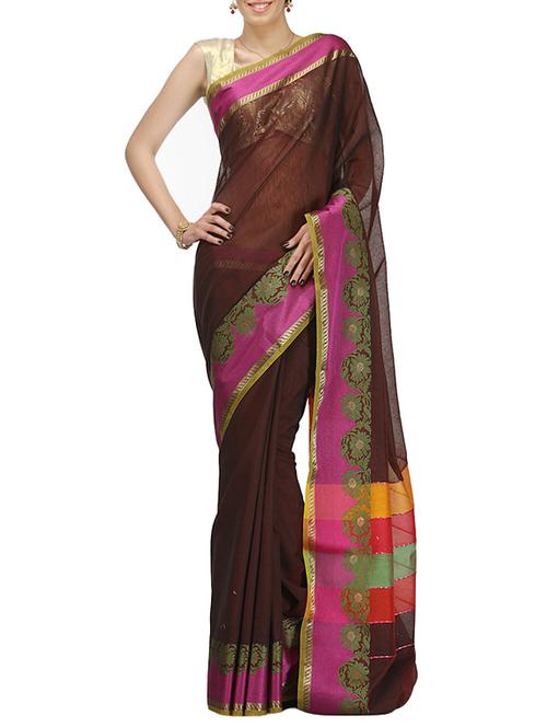 brown bordered saree with blouse - 14495920 - Very Small Image - 1
