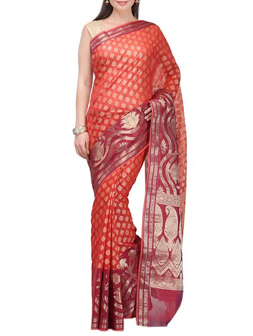 orange woven saree with blouse - 14495921 - Very Small Image - 1