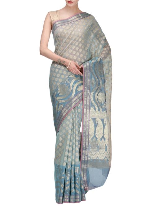 sky blue cotton blend woven saree with blouse - 14495922 - Very Small Image - 1