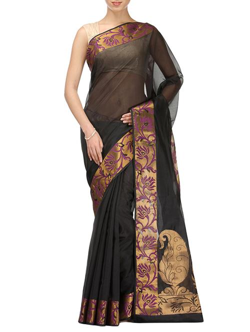 black bordered saree with blouse - 14495940 - Very Small Image - 1