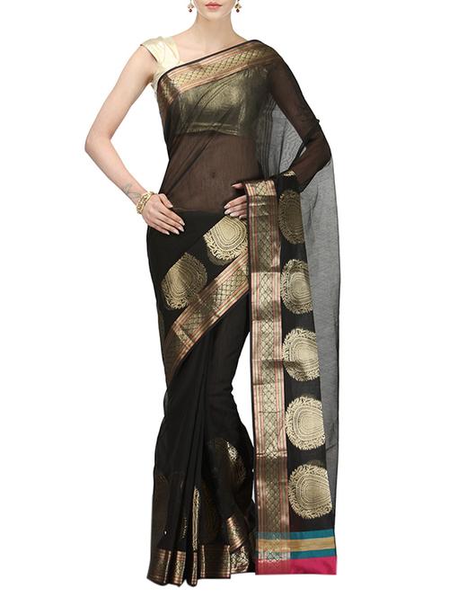 black cotton blend woven saree with blouse - 14495947 - Very Small Image - 1