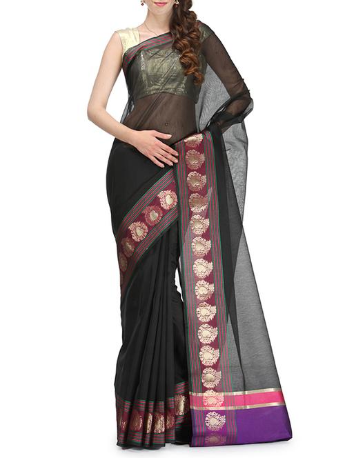 black bordered saree with blouse - 14495948 - Very Small Image - 1