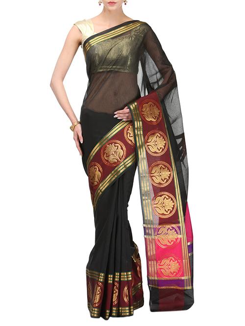 black bordered saree with blouse - 14495950 - Very Small Image - 1