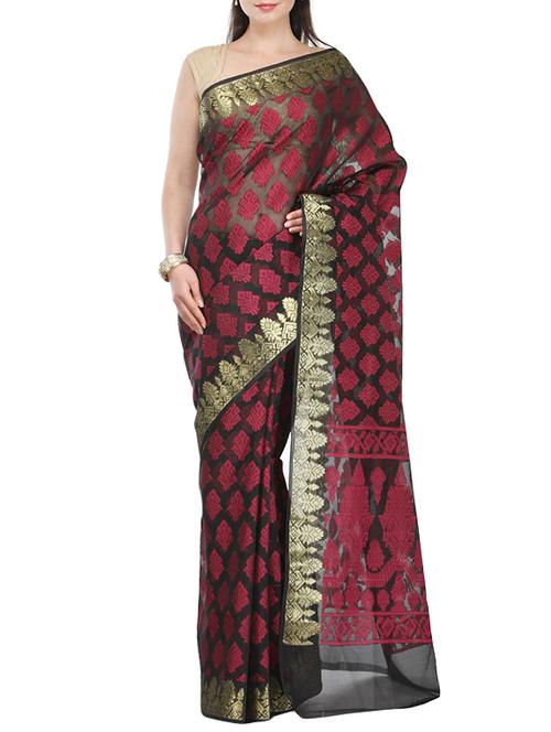 black cotton blend woven saree with blouse - 14495952 - Very Small Image - 1
