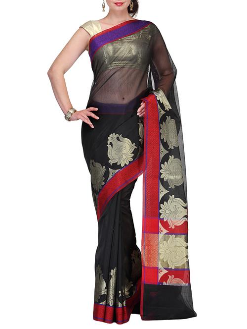 black cotton blend woven saree with blouse - 14495953 - Very Small Image - 1