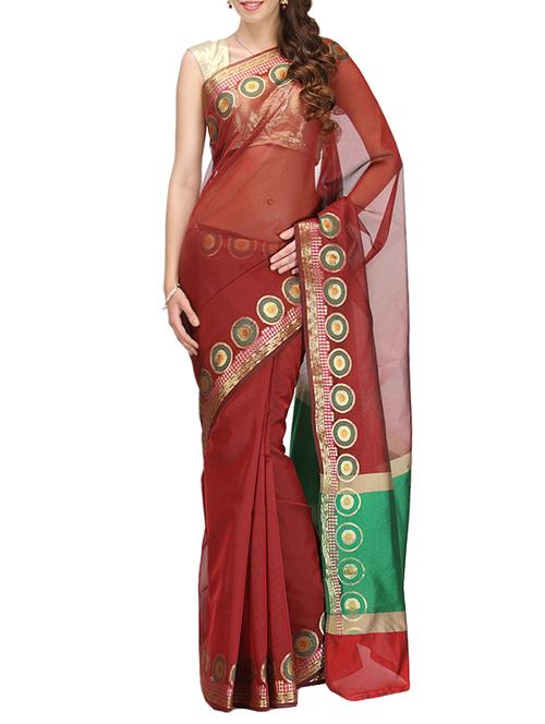 maroon bordered saree with blouse - 14495959 - Very Small Image - 1