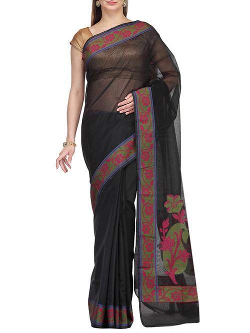 black cotton blend woven saree with blouse - 14495970 - Very Small Image - 1