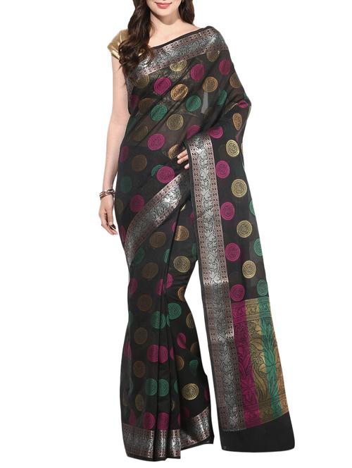 black cotton blend woven saree with blouse - 14495973 - Very Small Image - 1