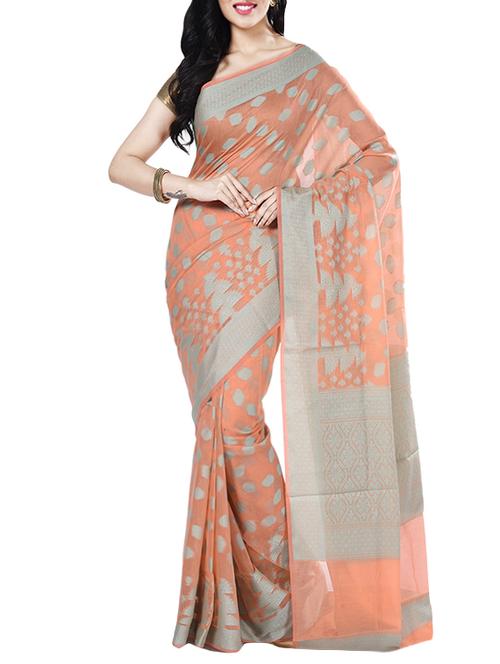peach cotton blend woven saree with blouse - 14495983 - Very Small Image - 1